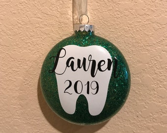 Personalized Glitter Tooth Ornament, Dental Gift