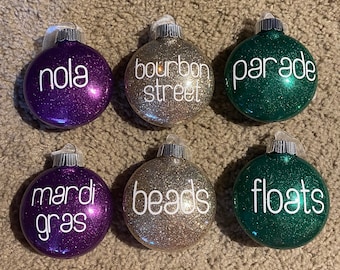 Glitter Mardi Gras Ornaments, Set of Six, Tree Decor