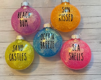 Beach Theme Glitter Ornaments, Summer Tree Decor - Set of 5