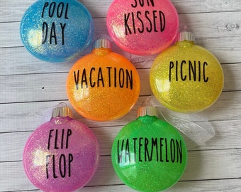 Summer Glitter Ornament Set (6), Pool Day, Picnic, Vacation