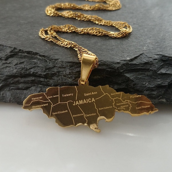 Jamaica City Map Pendant Necklace | Caribbean Jewellery | Gold Plated Stainless Steel | Jamaican Parishes | No Tarnish | Birthday Gift Idea