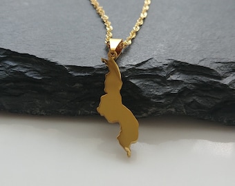 Malawi Map Pendant Necklace | Gold Plated Stainless Steel | Africa Continent | No Tarnish | Gift for Him or Her