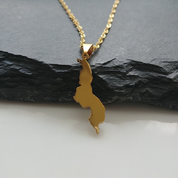 Malawi Map Pendant Necklace | Gold Plated Stainless Steel | Africa Continent | No Tarnish | Gift for Him or Her