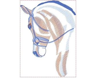 May include: An embroidered design of a horse's head in profile, featuring shades of brown, blue, and white thread. The design is 5.59 inches wide and 7.69 inches high. The text "Mama Bear Craft Shop" is visible.