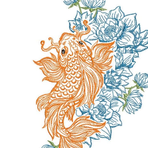 Japanese koi carp machine embroidery design, japanese style fish digital file, nishikigoi fish digital embroidery download