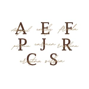 May include: A white background featuring the letters A, E, F, P, J, R, C, and S in dark brown. Each letter has a name written in a light brown cursive font underneath. The names are Abigail, Emily, Freda, Patricia, Carmen, Rosalina, Cristina, and Silvia.
