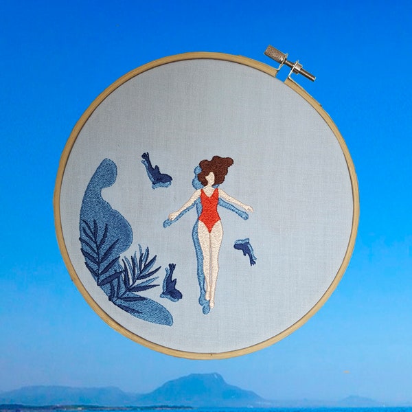 Swimming lady machine embroidery design, nature embroidery digital file, lady in the sea embroidery pattern download