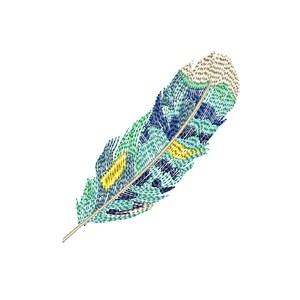 Può includere: Piuma ricamata nei toni del verde acqua, blu, giallo e beige. La piuma presenta intricati dettagli di cucitura, creando un aspetto strutturato. Il design è ambientato su uno sfondo bianco pulito, evidenziando i colori vivaci e l'artigianato dettagliato.