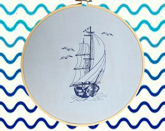 Sailing ship monocromatic machine embroidery design, nautical digital embroidery file, yacht digital embroidery pattern download