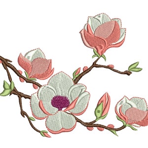 Magnolia blossom machine embroidery design, Japanese magnolia digital embroidery file, oriental embroidery design download