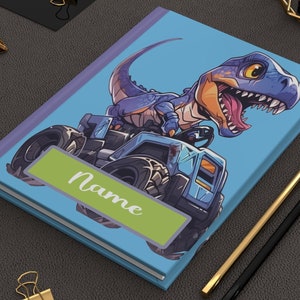 Diario de tapa dura con diseño de dinosaurio personalizado en Monster Trucks, con acabado mate, 150 páginas con renglones anchos y rayas, 5,75" x 8"
