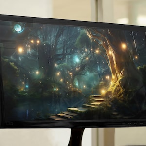 Eight Enchanted Night Forest with Dancing Lights Screensavers Desktop Wallpaper Bundle, AI Art Digital Download, Instant Download