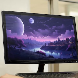 Eight Studio Ghibli Inspired Purple Night Desktop Wallpaper Bundle, Windows Wallpapers, AI Art Digital Download, Instant Download