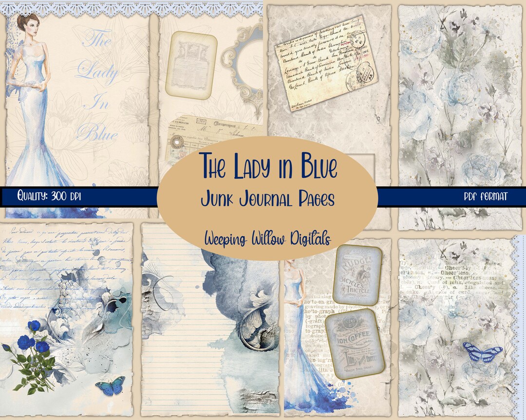 Junk Journal Kit, Lady in Blue, Blue Vintage Pages, Collage Sheets ...