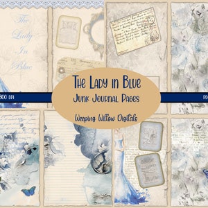 Junk Journal Kit, Lady in Blue, Blue Vintage Pages, Collage Sheets, Digital Download Kit, Printable Paper, Journal Pages, Shabby Chic