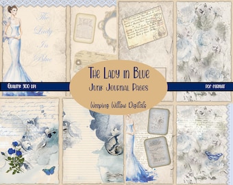 Junk Journal Kit, Lady in Blue, Blue Vintage Pages, Collage Sheets, Digital Download Kit, Printable Paper, Journal Pages, Shabby Chic