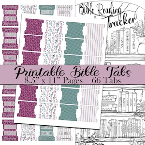 May include: Printable Bible tabs with 66 tabs on 8.5 x 11 inch pages. The tabs feature different floral and striped patterns in shades of pink, teal, and white. The image also includes a black and white illustration of a bookshelf with Bible books.