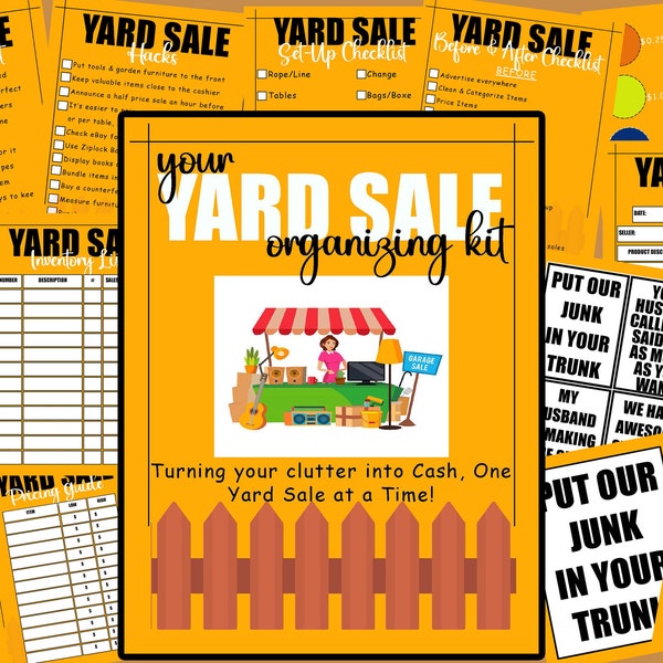 Yard Sale Organizing Kit | Garage Sale Kit | Purchase Logs, Checklist, Sales Tracker | Printable Yard Sale Signs | Pricing Stickers Labels
