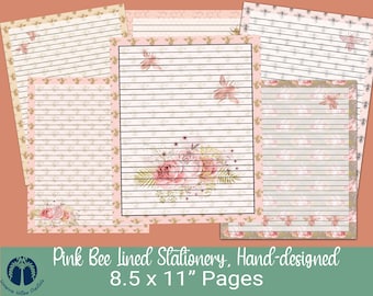 Printable Stationery Pink Bee 8.5x11, Digital Paper, Printable Paper, Instant Download, Digital Lined Writing Paper, Personal Use, 6 Pages