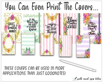 5 Front and Back GoodNotes Digital Covers, Digital Download, Inspirational Sayings Covers, Instant Download, Pdf, Jpg, Floral Stripe Prints