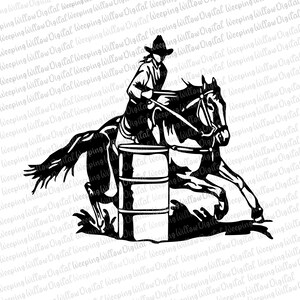 May include: A black and white silhouette of a cowgirl riding a horse around a barrel. The cowgirl is wearing a cowboy hat and a long-sleeved shirt. The horse is running with its tail flowing behind it.