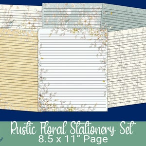 Printable Rustic Floral Stationery Set 6 8.5x11, Digital Paper, Printable Paper, Instant Download, Digital Lined Writing Paper