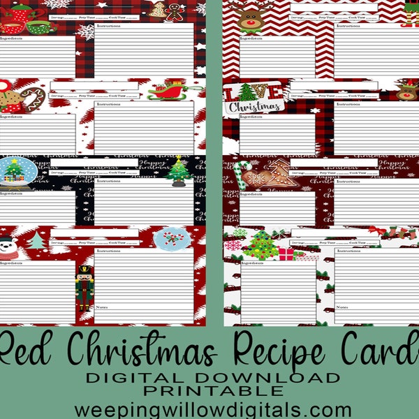 Digital Recipe Cards | Red Christmas Recipe Card | Printable Recipe Cards | 8 7x5" Recipe Cards | Holiday Recipe Cards