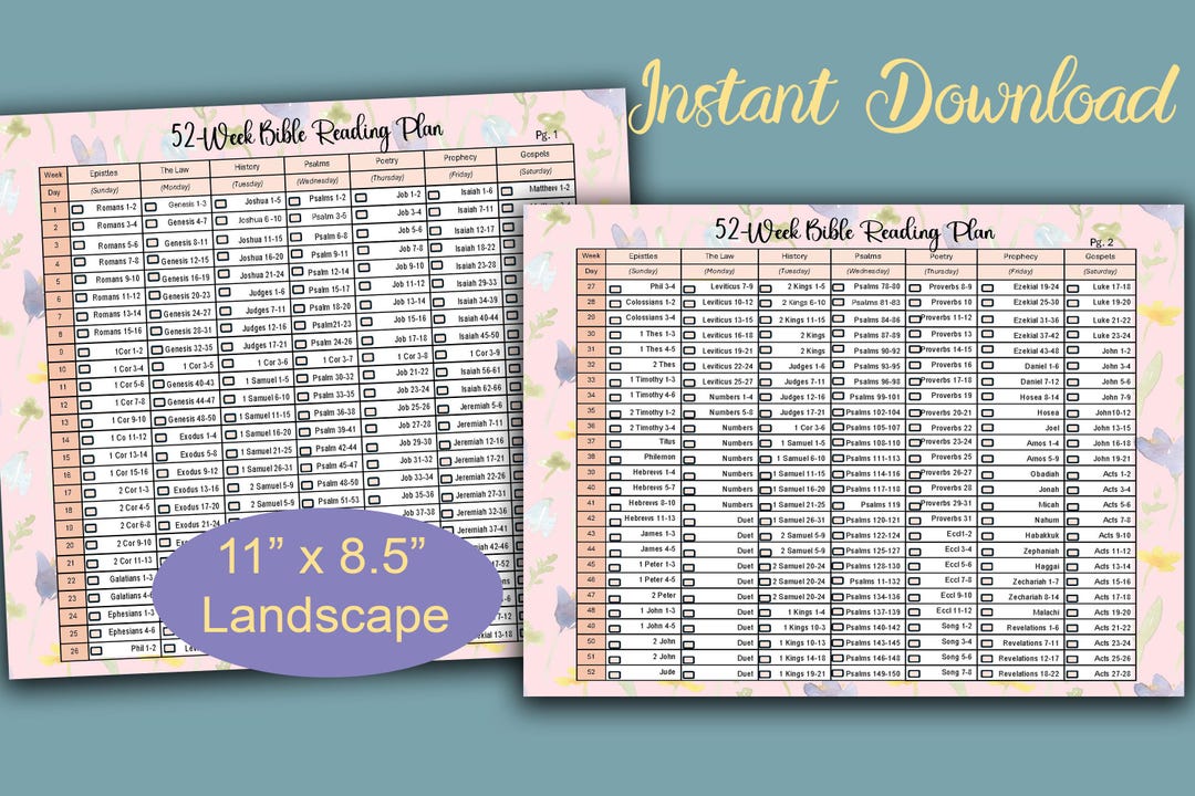 52-week Bible Reading Plan, Bible Reading Log Page, Five Book Markers ...