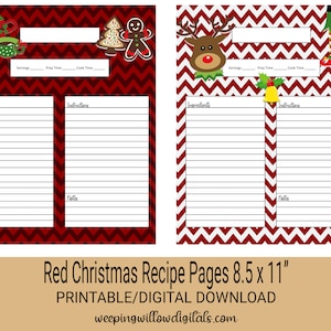 Páginas de receitas de Natal vermelhas para impressão, páginas de tamanho 8,5 x 11" | Cartões de receitas de férias | 10 páginas