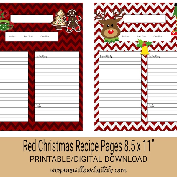 Printable Red Christmas Recipe Pages, 8.5 x 11" Size Pages | Holiday Recipe Cards | 10 Pages