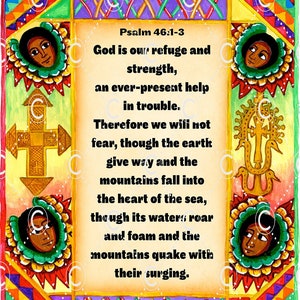 Divine Refuge Art Print - Inspirational Psalm 46: 1-3, Ethiopian Angels, and Historic Lalibela Church by UK based Talented Iconographer