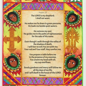 Sacred Psalm 23 Watercolor Print | Ethiopian Heritage | Angels, Crosses, Lalibela Church | Fine Art Paper | Passepartout Frame | Two Sizes