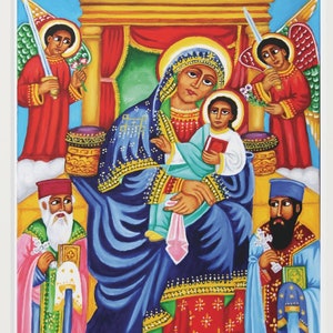 St. Mary & Child: Ethiopische christelijke kunstafdruk - spiritueel icoon van Haile Maskel - Sacred Home Decor, gebedsruimte, christelijk cadeau
