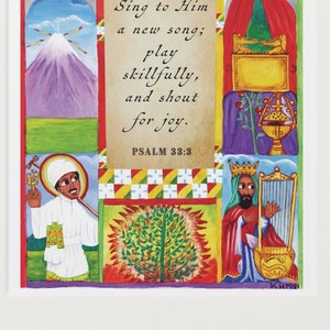 Ethiopian Christian Art Print - Psalm 33:3 - Angelic Symbolism - King David & Saint Yared - St. Mary of Zion - Spiritual Wall Decor