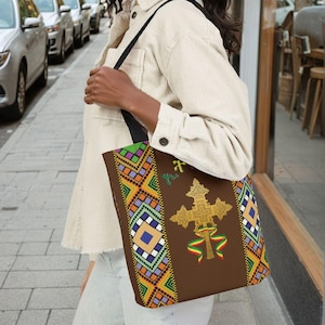 Äthiopische Kreuz-Einkaufstasche - Braun, afrikanisches Erbe-Design, Tilet-Muster, äthiopische Flaggen-Band, Habesha-Mode, konventionäisches Geschenk