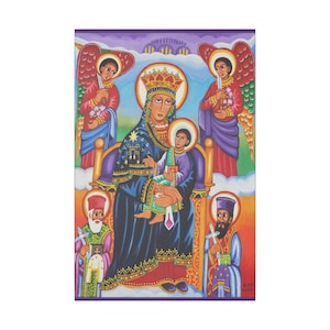 Matte canvasafdruk St. Mary en kind | Ethiopisch-orthodoxe tewahedo-christelijke kunst | Geloofscadeau