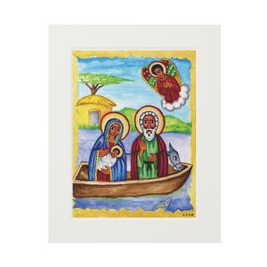 Flight into Egypt - Holy Family in a Boat | Ethiopian Orthodox Icon Art Print | Saint Mary, Joseph & Baby Jesus | K. Haile Maskel