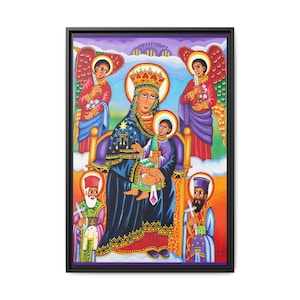 Matte canvasdoek St. Mary & Baby Jesus in zwarte lijst | Ethiopisch-orthodoxe Tewahedo-christelijk icoon | Konjo Art