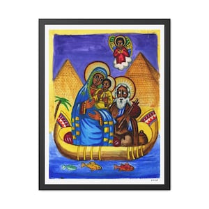 Flight of the Holy Family into Egypt Art Print | Ethiopic Icon | Biblical Illustration | St. Mary, Jesus, and Joseph | Framed Poster