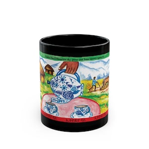 Ethiopian-Inspired Coffee Mug | 11oz/15oz Black Ceramic | Blue Floral Teapot, Tea Cup Art | Dishwasher, Microwave Safe Gift for Tea Lovers