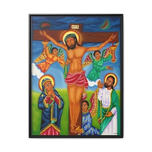 Crucifixion of Lord Jesus Christ - Matte canvasafdruk in zwarte lijst | Ethiopisch-orthodoxe tewahedo-christelijke kunst | Afmetingen: 9 x 12&quot; tot 30 x 40&quot;