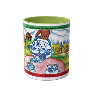 Ethiopian-Inspired Mug | 11oz Ceramic with Blue Floral Teapot Design | Accent Colors | Microwave & Dishwasher Safe | Unique Gift Idea