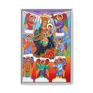Ingelijst Ethiopisch-orthodox icoon van Maria en Christuskind met zeven aartsengelen | Christelijke muurkunst | Religieus canvasdecor