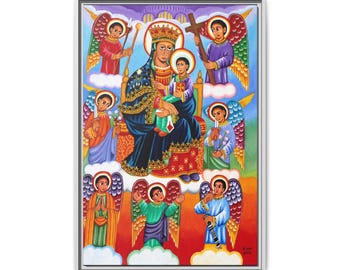 Framed Ethiopian Orthodox Icon: Saint Mary, Christ Child & Archangels