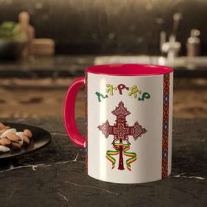 US: Elegant 11oz Two-Tone Ethiopian Cross Coffee Mugs - 12 Colors, Glossy Ceramic - Perfect for Morning Coffee - Unique Ethiopian Design