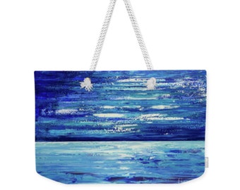 Beckie Renee Artistic Large Tote Bag Rope Handles Designer Fashionable Blue White Seascape Abstract Bridesmaid wedding birthday gift