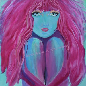 BecksFineArt Fine Art Print Woman Lady Girl Acrylic Painting Home Decor Wall Art pink hair girl&#39;s kids room glam girl large size
