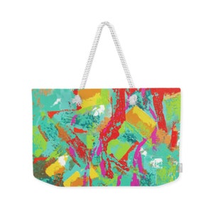Beckie Renee Artistic Large Tote Bag Rope Handles Fashionable Yellow Green Orange Abstract birthday bridesmaid gift Beach travel toiletry