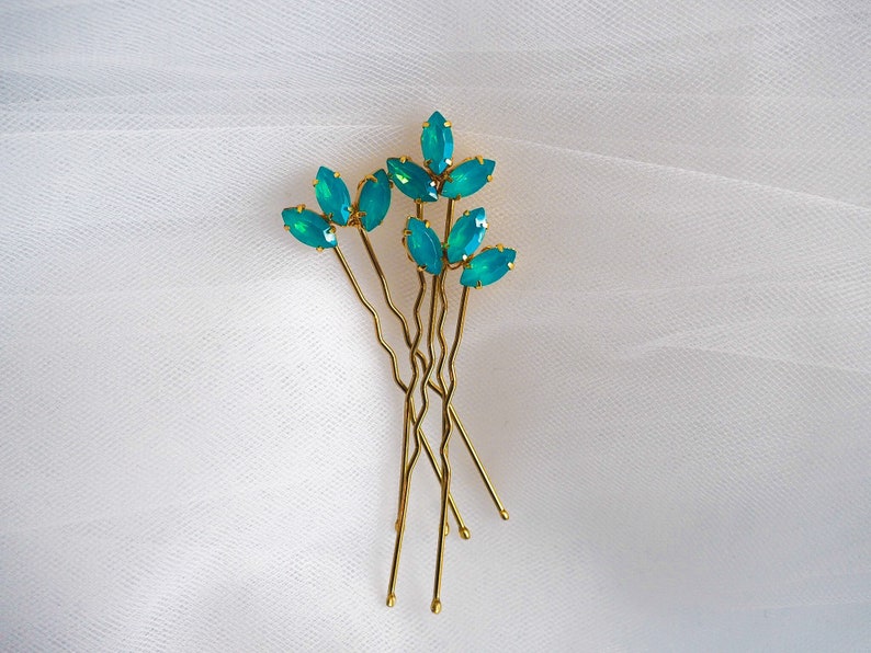 6 Gold Bridal Bridesmaid Hairpins Set of 6 Turquoise Rhinestone Gold Hairpins