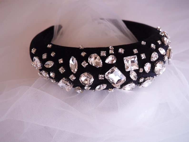 Black Velvet Padded Headband with Rhinestones Rhinestone Etsy